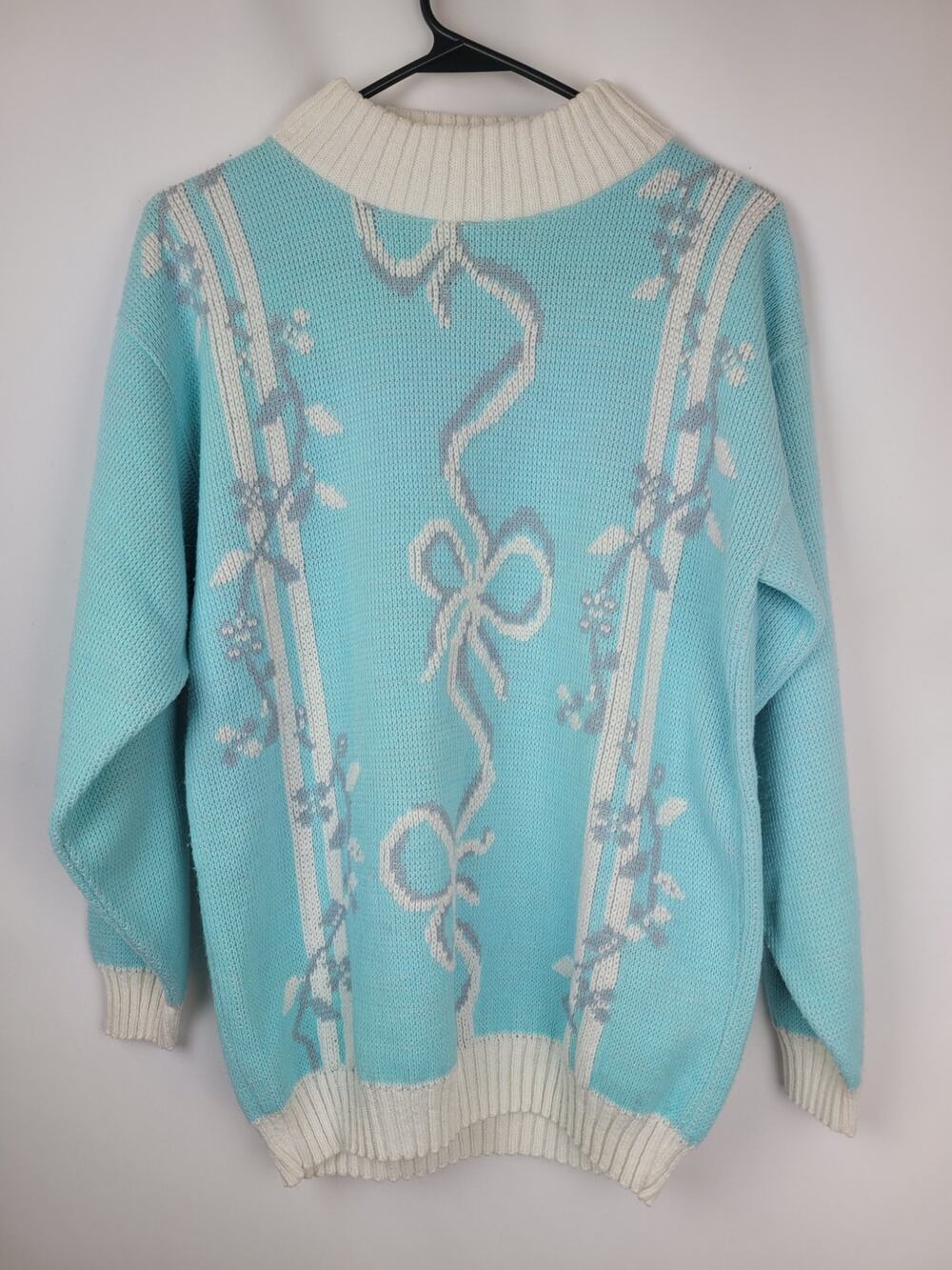Grannycore Ugly Vintage Sweater Blue With Bow Accent Mock Neck Womens Small